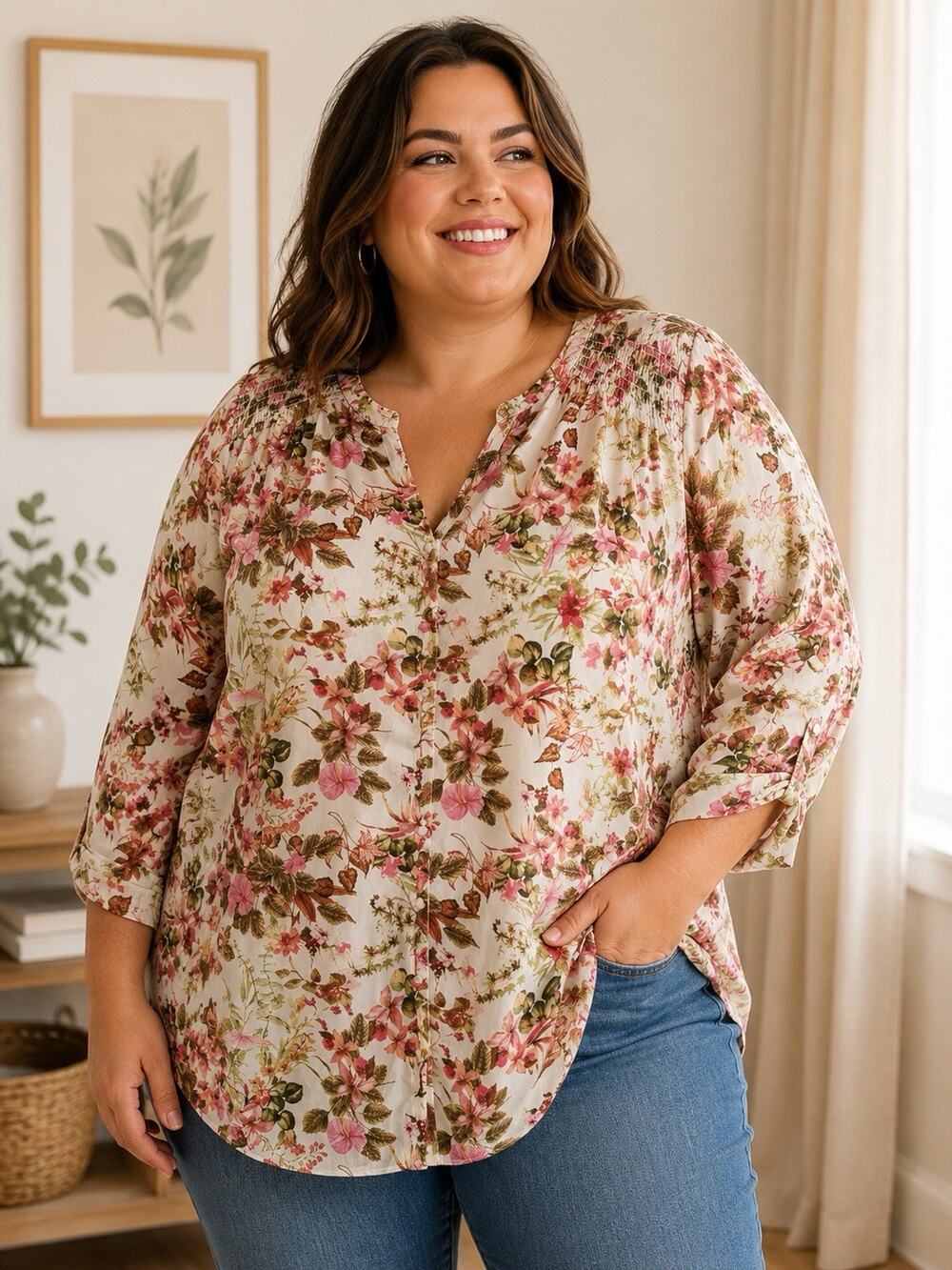 Rose + Olive Cream Floral Button Front Blouse Office Preppy Cottage Womens 3x